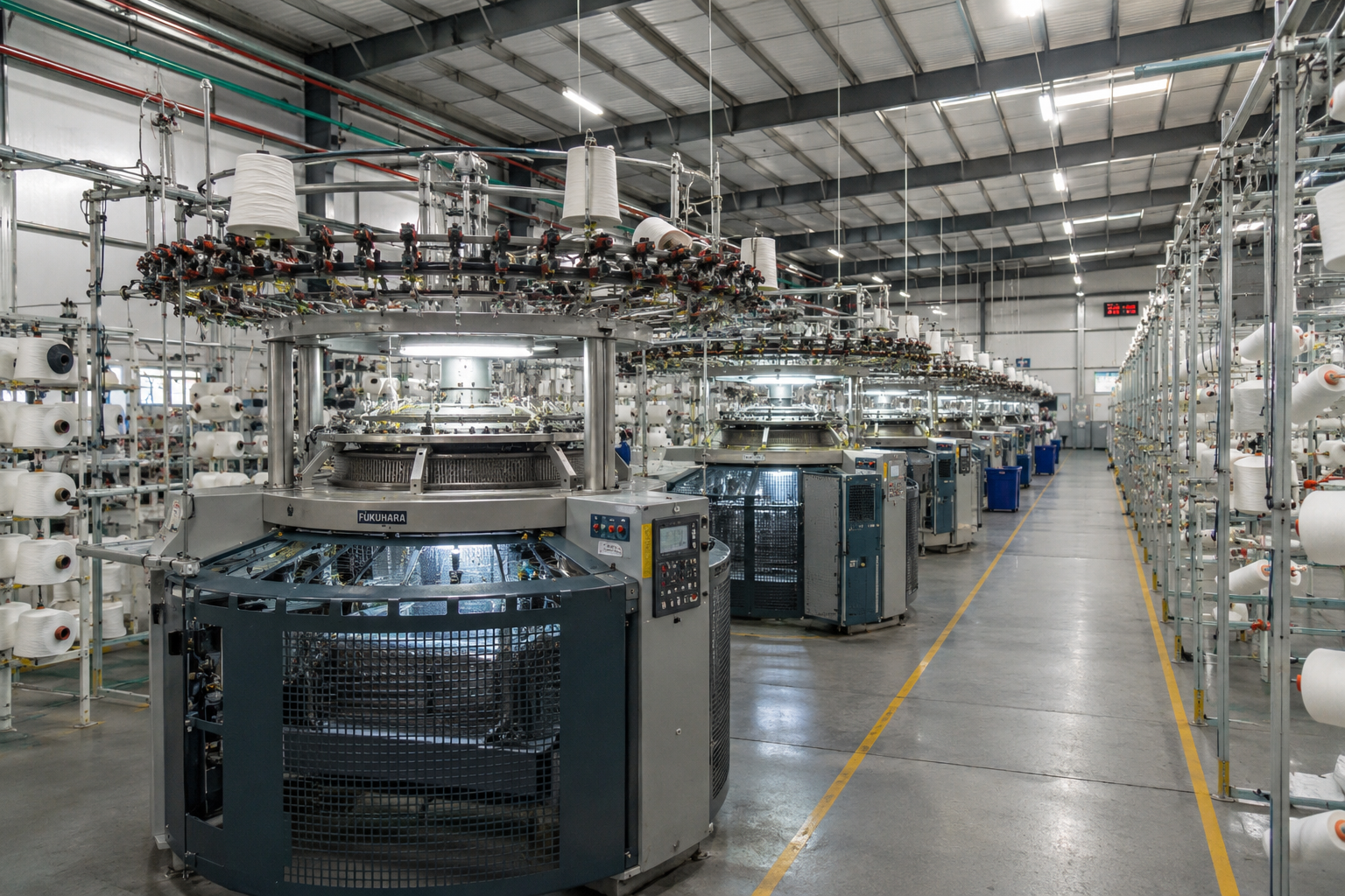 – factory floor with knitting machines.